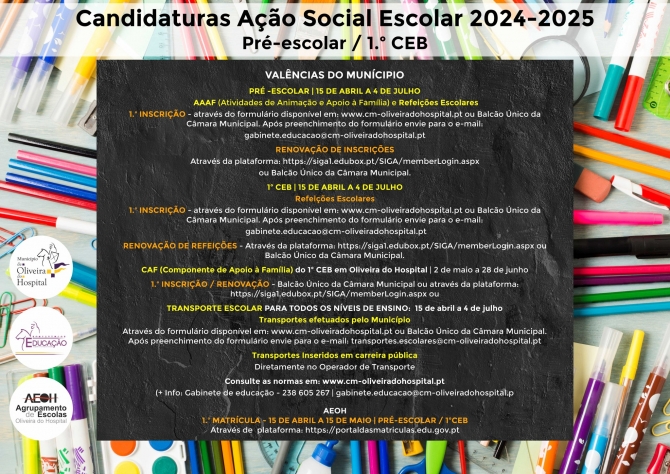 Ação Social Escolar 2024/2025 - Pré-Escolar e 1.º Ciclo do Ensino Básico